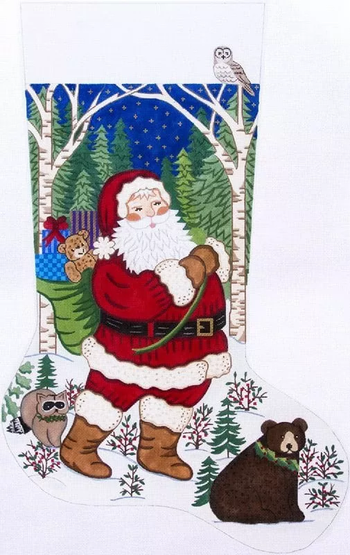 Alexa Designs –Santa in Forest with Brown Bear Stocking